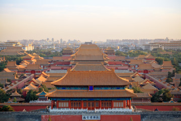 aerial view of beijing forbidden city at dusk