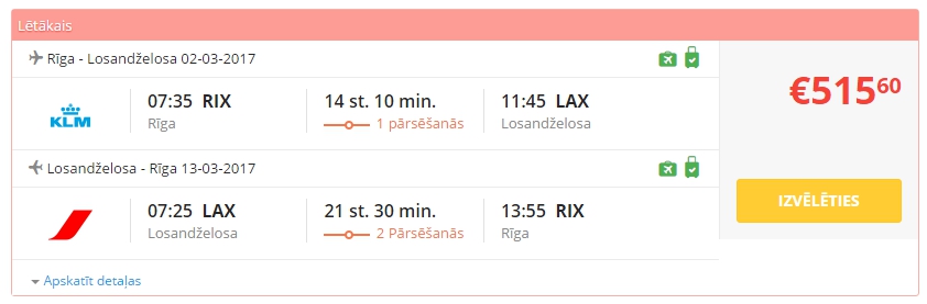 Rīga - Losandželosa biļetes